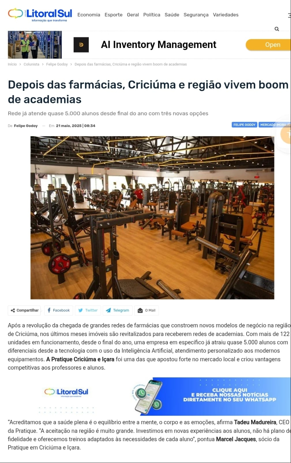 Coluna Felipe Godoy 21.05.2025 - Fitness em Criciúma